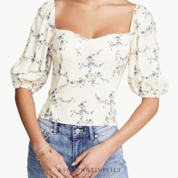 NWT Reformation Women's Lua Puff Sleeve Floral Smocked Top Sz 8, Ivory & Blue - Picture 3 of 16